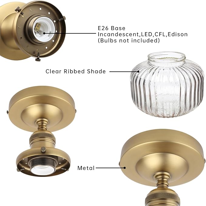 Industrial Semi Flush Mount Ceiling Light, Clear Striped Glass Lampshade Farmhouse Pendant Fixture, Close to Ceiling Light Fixture for Porch, Hallway, Entryway, Kitchen, Bedroom, Hotel