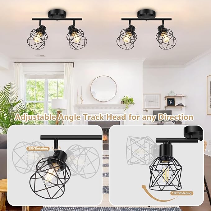 2-Lights Kitchen Light Fixtures Ceiling Mount, Adjustable Semi Flush Mount Ceiling Light with Metal Wire Cage, Vintage Track Spotlight Ceiling Fixtures for Dining Room, Farmhouse, Entryway