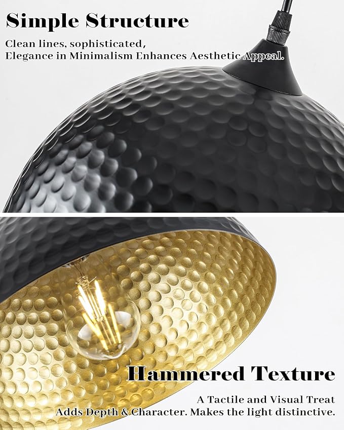 Black Pendant Lights Kitchen Island 3 Pack, 12 Inch Hammered Dome Pendant Light, Farmhouse Kitchen Pendant Lights, Industrial Hammered Pendant Light for Kitchen, Dining Room, Barn