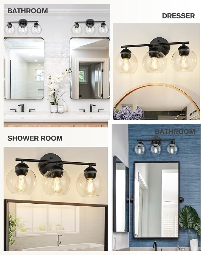Emak 3-Light Vanity Lights for Bathroom, Black Light Fixtures Over Mirror, Globe Vanity Light with Clear Glass Shade, VL114-BKL-3