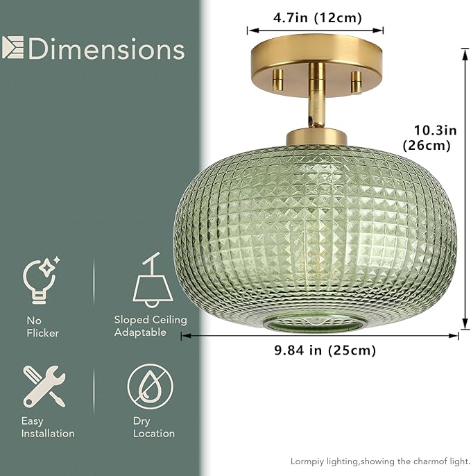 Modern Semi Flush Mount Ceiling Light, Vintage Green Glass Shade with Adjustable Hanging Gold Sloped Ceiling Lights Fixtures for Hallway Entryway Kitchen Bedroom Laundry Room,1-Light,9.84 Inch