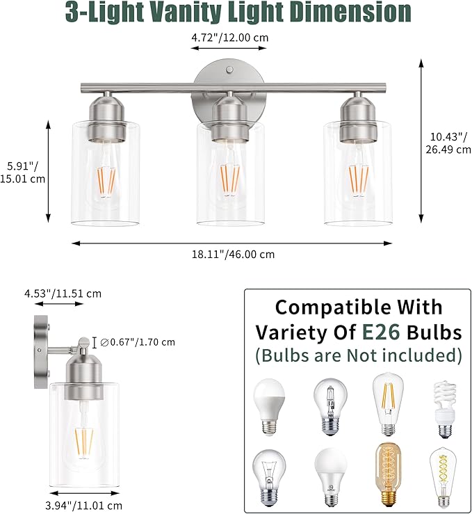 Espird Bathroom Vanity Light Fixtures Brushed Nickel, 3 Lights Bathroom Over Mirror, UL Certified, Modern Wall Lighting Fixtures with Glass Shade, E26 Socket