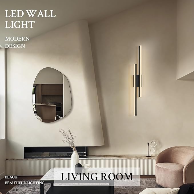 LED Wall Sconce Black Modern Remote Wall Light Fixtures for Living Room, Dimmable LED Vanity Light Indoor Remote Wall Sconce for Bedside Bedroom Bathroom Dining Room, 31.5inch 1 Pack
