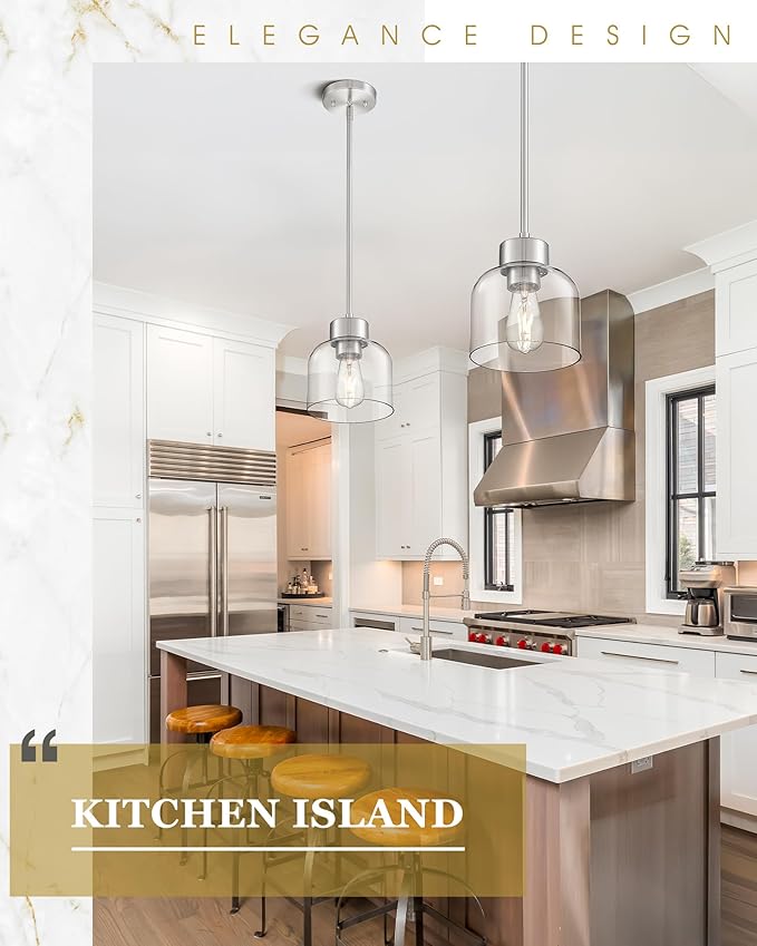 2-Pack Pendant Lights Kitchen Island, 7" Brushed Nickel Hanging Lights Fixtures with Clear Glass Shade, Modern Kitchen Pendant Lighting Over Island for Dining Room, AD-24024-1P2-SN