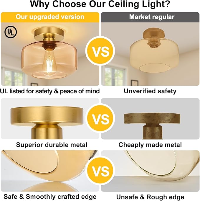 Lynnoland Industrial Semi Flush Mount Ceiling Light Brushed Gold, Amber Glass Shade Ceiling Light Fixture,Amber Light Fixture for Hallway Bathroom Bedroom, Vintage Hanging Light Fixtures