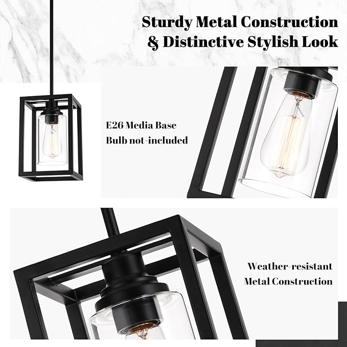Matte Black Farmhouse Pendant Light Fixtures, Industrial Kitchen Island Light, Rectangle Linear Metal Hanging Lighting Fixture Ceiling Mount with Clear Glass Shade E26 Base for Dining Room, 2 Pack