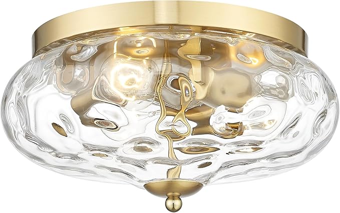 Darkaway Large Ceiling Light Fixtures, 3-Light Flush Mount Indoor Outdoor Ceiling Light with Water Ripple Glass Shade for Hallway Kitchen Bedroom Porch Living Room Gold Finish