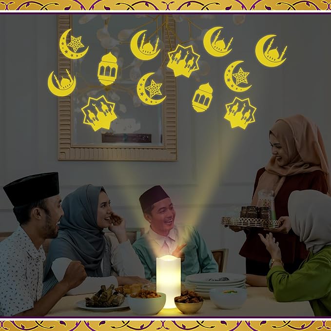 Baquler Ramadan Flameless Candles Projector Light Eid Mubarak LED Candle Battery Operated Star Moon Night Light with Remote and Timer Eid Mubarak Electric Gifts Ramadan Decoration for Home Room Decor