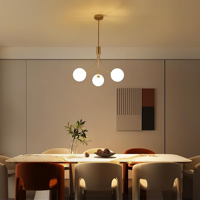 CNRATYE 3-Light Brushed Nickel Chandelier Milk Globe Glass Pendant Lights Kitchen Island, Modern Sputnik Globe Chandeliers for Dining Room Entryway Hallway Foyer Bedroom Office Bathroom