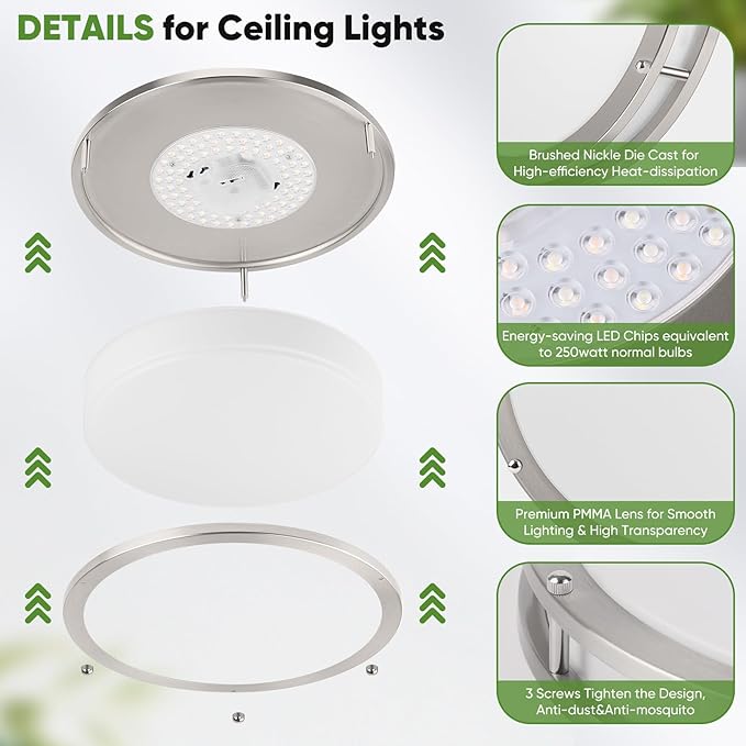 TOBUSA 2-Pack 12 Inch Flush Mount LED Ceiling Lights, 36W 3600lm Super Bright Kitchen Light Fixtures, 5CCT Adjustable LED Lights for Bedroom Bathroom Closet, Modern Ceiling Lamps, Brushed Nickle