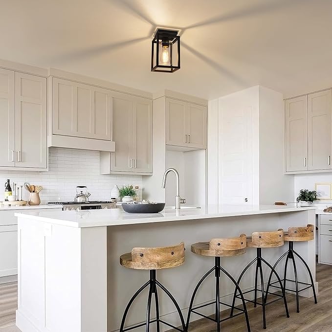 Baocuz Semi Flush Mount Ceiling Light Fixture, Black Metal Frame Porch Ceiling Light Fixture with Clear Glass Shade and E26 Ceramic Base, Farmhouse Light Fixtures for Kitchen Entryway Foyer