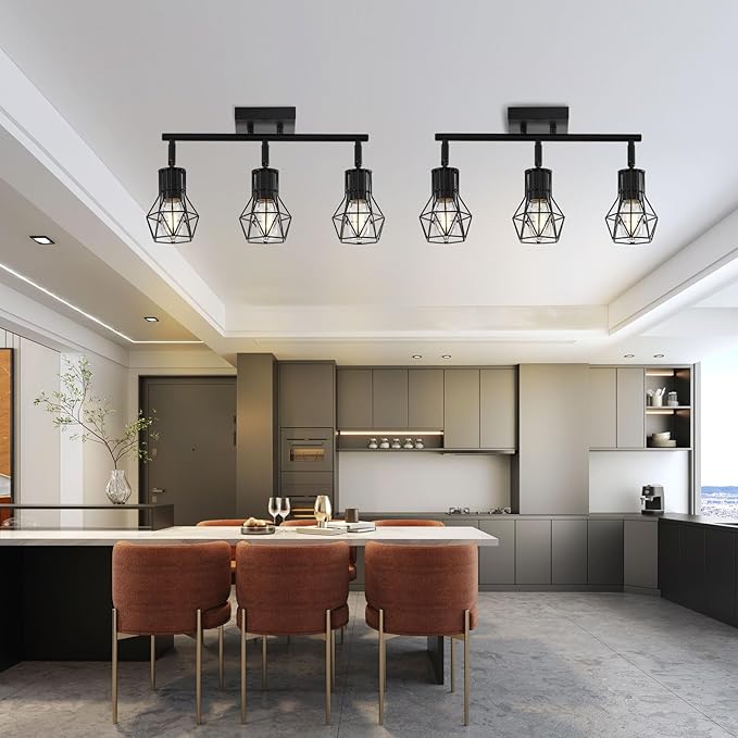 3 Light Track Lighting Fixtures Ceiling，Black Flush Mount Ceiling Light with E26 Lamp Head, Industrial Black Kitchen Track Lighting for Kitchen, Living Room, Dining Room, Hallway