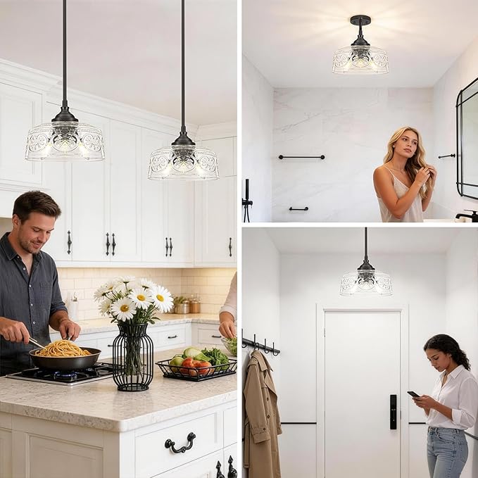 3-Light Adjustable Pendant Lights Kitchen Island, Black Metal & Clear Glass Ceiling Pendant Light, Vintage Drop Lights for Bathroom, Hallway, Convertible Ceiling Mount Or Hanging Fixture, 90°Swivel