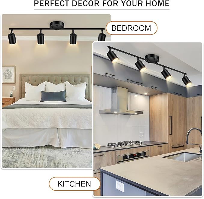 Track Lighting Fixtures Ceiling Black, Kitchen Lighting Fixture, 30" 4-Light Track Light Kit, LED Wall Spotlights with Rotatable Heads, Ceiling Lights for Sink Bathroom(GU10 Socket, No Bulb)