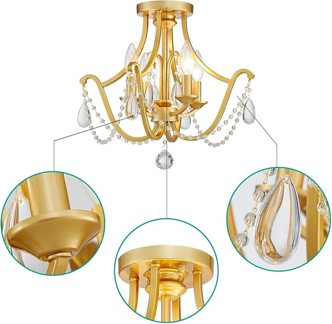 Modern 4-Light Maria Theresa Candle Chandelier Ceiling Light, Gold Ceil Light Fixture for Dining Room, Living Room, Bedroom, Farmhouse Style, Vintage Antique Design, D15.7*H14.6inch