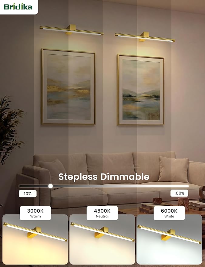 Bridika Metal Picture Light for Wall 23.6inch, Battery Operated Art Light for Paintings Wireless with Remote & Timer, 3 CCT, Dimmable Wall Lights for Picture, Gallery, Artwork,Portrait Gold 1