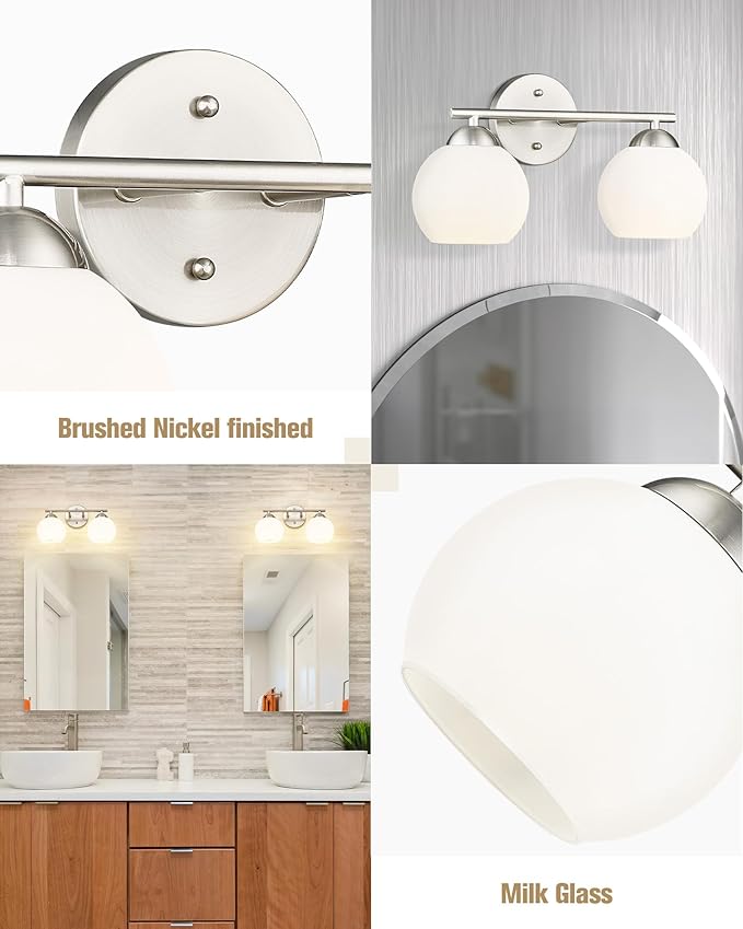 Emak Modern Globe Vanity Lights, Brushed Nickel Bathroom Light Fixtures, 2-Light Bathroom Vanity Light with Milk Glass Shade, VL114-BN-ML-2