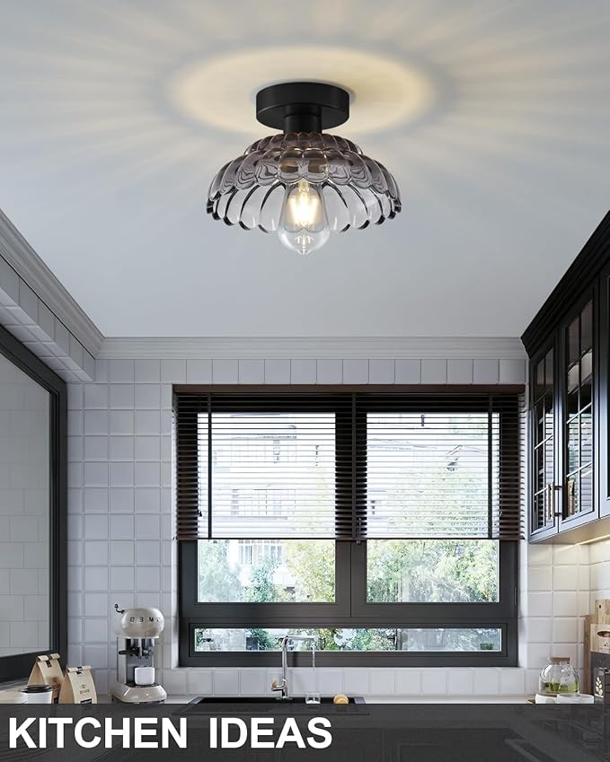 ANYLOVE 10 Inch Smoke Gray Vintage Glass Semi Flush Mount Ceiling Light, E26 Socket for Bedroom Kitchen Hallway Foyer