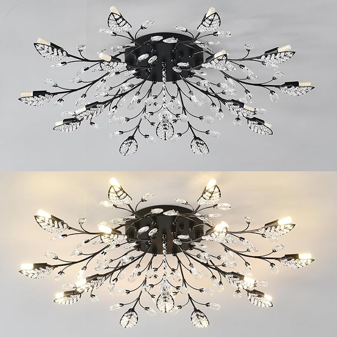 Crystal Ceiling Light Fixture Semi Flush Mount Ceiling Light Fixture Black Leaves Chandeliers Lighting for Bedroom Living Room Dining Room Kitchen Hallway Foyer