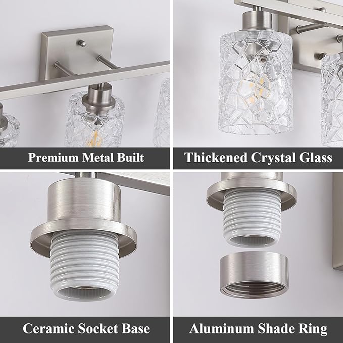 Mecgirn Stainless Steel Bathroom Vanity Light Over Mirror, 3 Light Brushed Nickel Bathroom Light Fixtures with Textured Glass Shades, Ceramic E26 Sockets Wall Mounted
