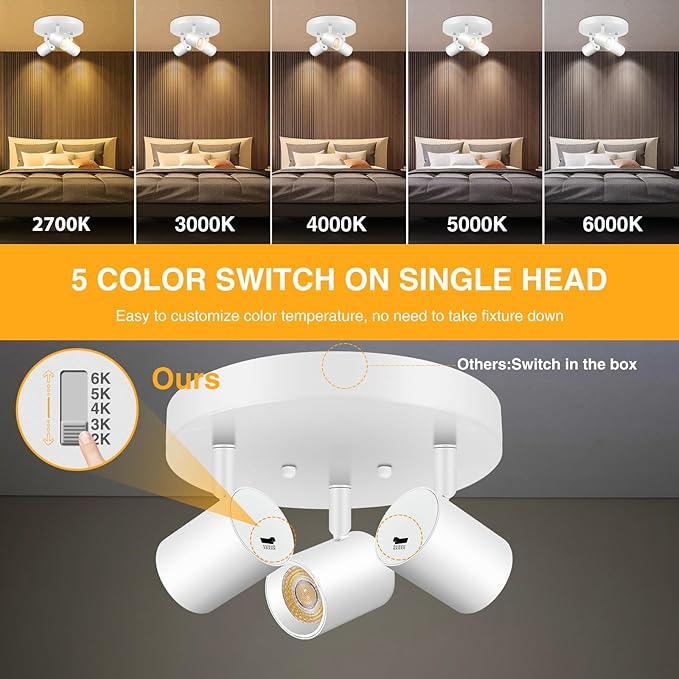 VANoopee 5 Color 3 Light LED Ceiling Spot Light Indoor Flush Mount Directional Adjustable Spotlight Fixtures Close to Ceiling for Kitchen Hallway Modern LED Track Lighting Kit Dimmable 30W Matte White