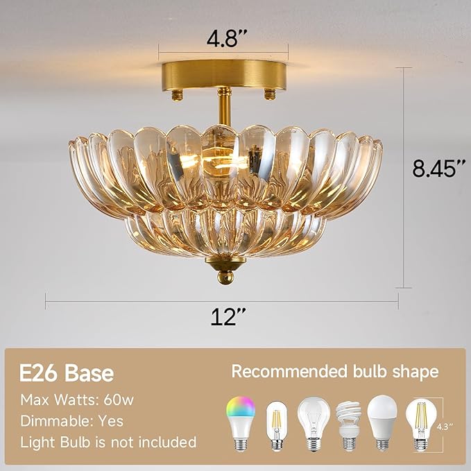 Semi Flush Mount Ceiling Light Fixture, 12" Vintage Gold Ceiling Light with Amber Glass Shade, 3-Light Close to Ceiling Light for Hallway Entryway Bedroom Kitchen, Mid Century Modern