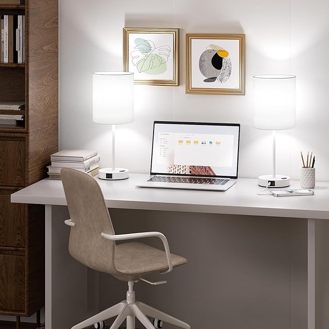 White Touch Lamps for Nightstand Set of 2 - Bedside Table Lamp for Bedroom with Dual USB Ports & AC Outlet, 3-Way Dimmable Lamps for Living Room Boys Room, Night Light with 5000K Daylight Bulbs