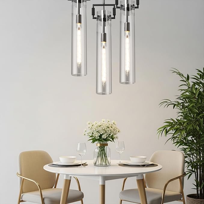 Black Pendant Light Glass for Kitchen Island 1Pack, Adjustable Hanging Chandelier with Glass Shade Modern Pendant Light Fixture for Farmhouse, Dining Room,Bedroom,E26 Bulb Included