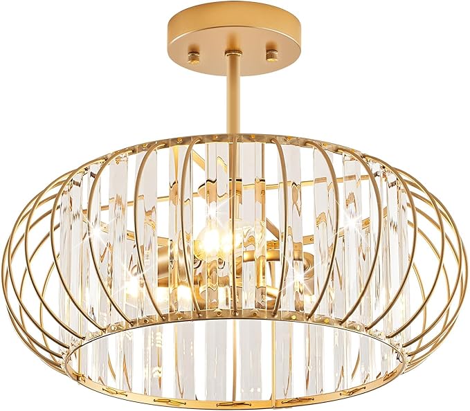 Semi Flush Mount Crystal Ceiling Light, 16 Inch 3-Light Chrome Hallway Ceiling Lamps, Farmhouse Ceiling Light Fixture, Industrial Crystal Chandelier for Corridor Bathroom(E12 Base, 16 Inch)