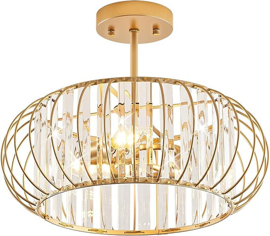 Semi Flush Mount Crystal Ceiling Light, 16 Inch 3-Light Chrome Hallway Ceiling Lamps, Farmhouse Ceiling Light Fixture, Industrial Crystal Chandelier for Corridor Bathroom(E12 Base, 16 Inch)