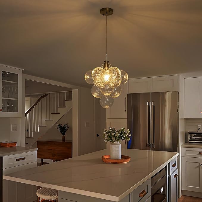 Dining Room Chandelier 14.17", Modern Brushed Gold Pendant Light Bubble Ceiling Light Chandelier Vintage Hanging Light Fixtures with 10 Swirled Glass Globe for Foyer Bedroom Kitchen, Include E26 Bulb
