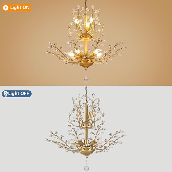 Gold Crystal Chandelier, Farmhouse 8-Light Large Branch Pendant Light with Adjustable Chain, 2-Tier Vintage Flower Ceiling Hanging Chandelier for Dining Room, Living Room, Kitchen, Hallway