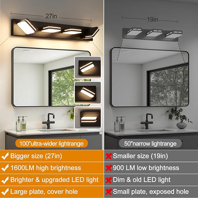 Torondo 360° Rotate LED Bathroom Vanity Light Fixtures, 1600LM Acrylic Matte Black Vanity Lights for Bathroom, Modern Wall Lighting Fixtures Over Mirror Kitchen Living Room Hallway (Warm Light 3000K)
