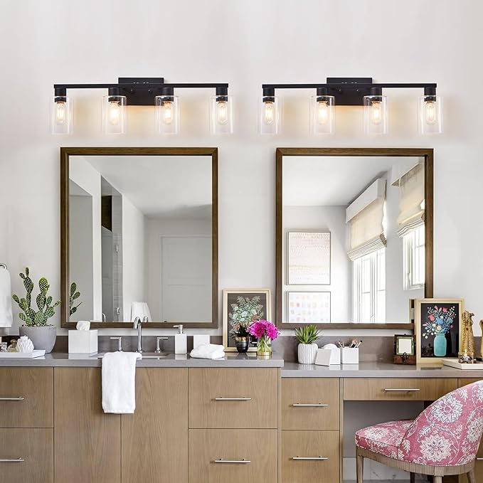 4 Light Bathroom Light Fixtures Black, 28" Vanity Lights Rust Proof Moisture-proof Easy to Clean with Clear Glass for Living Room Cabinet Bedroom Porch for Bathroom Lighting Fixtures over Mirror