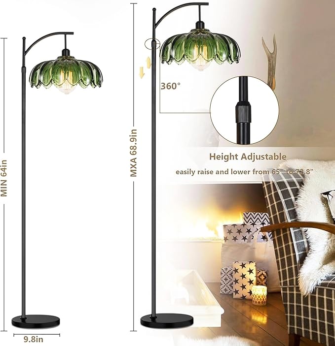 QIYIZM Gold Floor Lamp for Living Room,Bedroom,Standing Lamp with Remote Dimmable Brass Tall Lamp Vintage Retro Mid Century Modern Floor Lamps Arc Green Glass Flower Lamp Floor Light Boho Bohemian