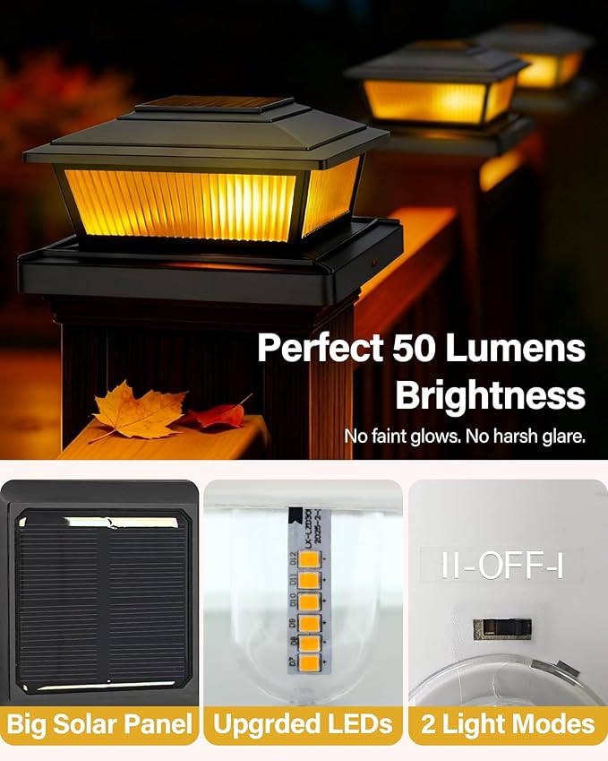 KEILAIMO Solar Post Cap Lights Outdoor for 4x4 5x5 6x6 Wood/Vinyl Posts, 2 Pack Fence Post Solar Lights with Flickering Flame & Warm Modes for Deck/Garden/Patio, IP65 Waterproof - Coal Black