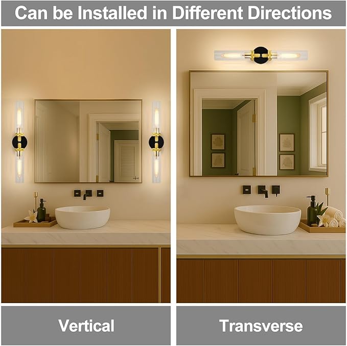 LaLuLa Black and Gold Vanity Light Fixtures 2-Pack – Modern Hardwired Dual-Light Wall Sconces with Rippled Glass Shades, Textured Metal Bathroom Lighting for Over Mirror or Hallway, 25" Height