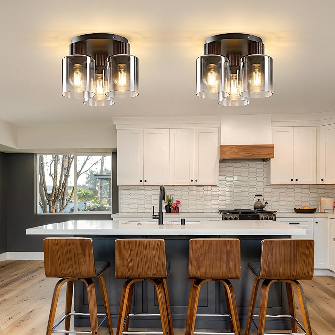 3-Lights Semi Flush Mount Ceiling Light Fixture, Matte Black Modern Close to Ceiling Light for Kitchen, Foyer, Entryway, Hallway, Dining Room, Gray Gradient Glass Shade with Walnut Wood