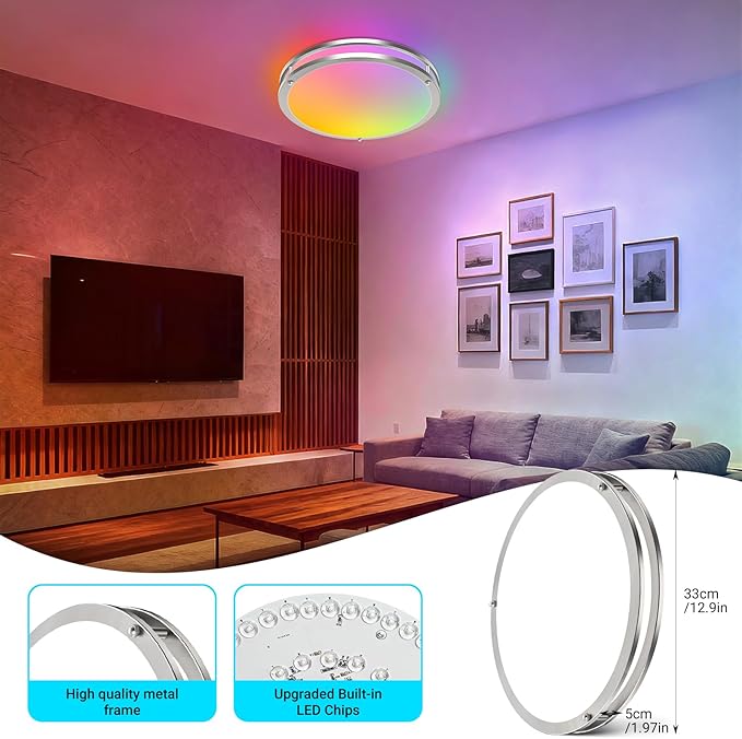 libtit 13 Inch RGB Flush Mount Ceiling Lights with Remote, 24W 3000K-6500K&Dimmable, LED Light Fixture with Nightlight and Timer for Bedroom Livingroom Bathroom- Brushed Nickel