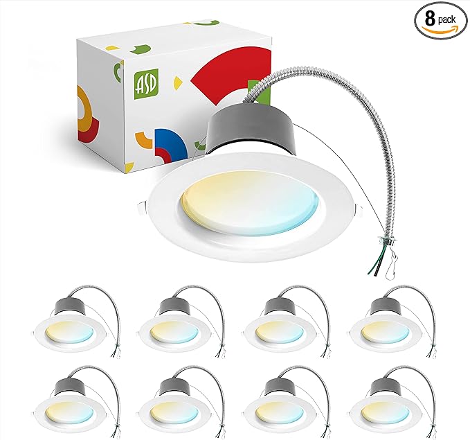 ASD 4 Inch Commercial Canless LED Downlight, Power Adjustable 7/10/13W Lighting, Dimmable Recessed Ceiling Light Fixture, 5 Color Temperatures 2700K-5000K, 120-277V IC Rated UL & Energy Star 8 Pack