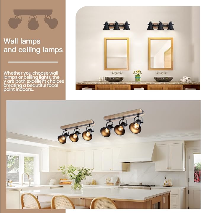 SEEBLEN 3-Lights Track Lighting Fixtures Ceiling，Farmhouse Wood Flush Mount Ceiling Light, Multi-Directional Kitchen Sink Light, Rustic Track Lighting for Kitchen Living Room, Dining Table, Foyer