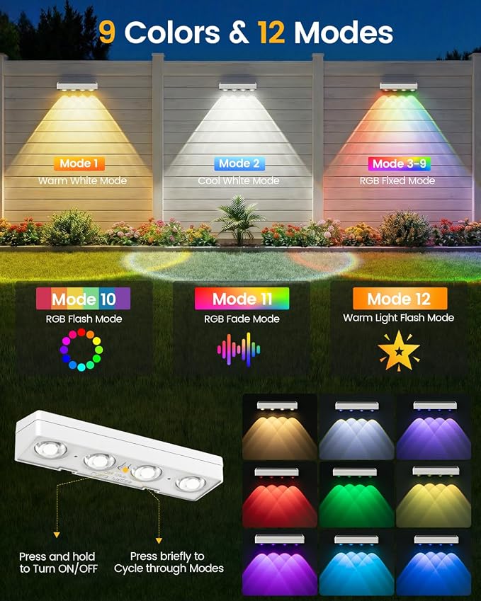 JOFIOS Solar Fence Lights Outdoor, 8 Pack, 9 Fixed Colors ＆ Color Changing Solar Lights Outdoor Waterproof IP65 Dusk-to-Dawn Vinyl Fence Lights for Patio, Railing, Pool, Porch, Backyard, Wall, White