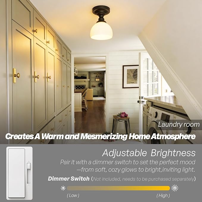 Modern Schoolhouse Semi Flush Mount Ceiling Light,Black Close to Ceiling Light Fixtures with Hand-Blown Glass Hallway Light Fixtures for Laundry Entryway Kitchen Bathroom Bedroom E26 Base