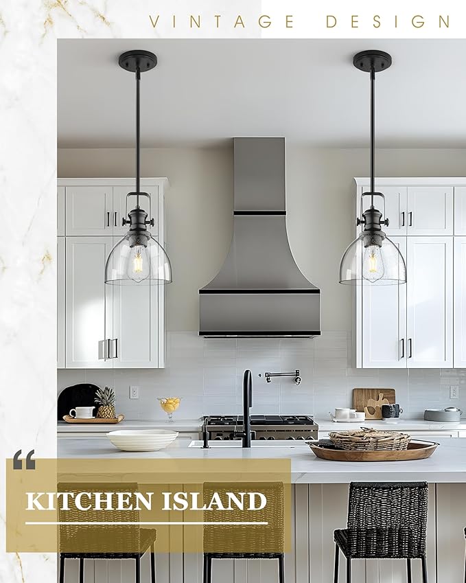 2-Pack Pendant Lights Kitchen Island, 7.5" Black Pendant Lighting with Clear Seeded Glass Shade, Farmhouse Hanging Light Fixtures for Dining Room, AD-22151-1P2-BK-G
