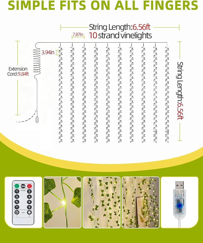 KASZOO Vines with Fairy Lights for Bedroom - 200 LED Ivy Curtain Wall Vines for Wedding, Party, Dorm, Indoor & Outdoor Use, 6.5ft x 6.5ft