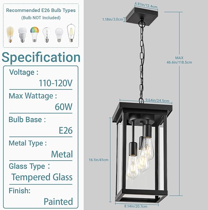 LOUSACE 3-Light Outdoor Pendant Light for Porch, 16'' Large Exterior Hanging Pendant Light Fixture Black Outdoor Chandelier with Clear Glass, Outside Porch Light for Front Door Entrance Balcony Foyer