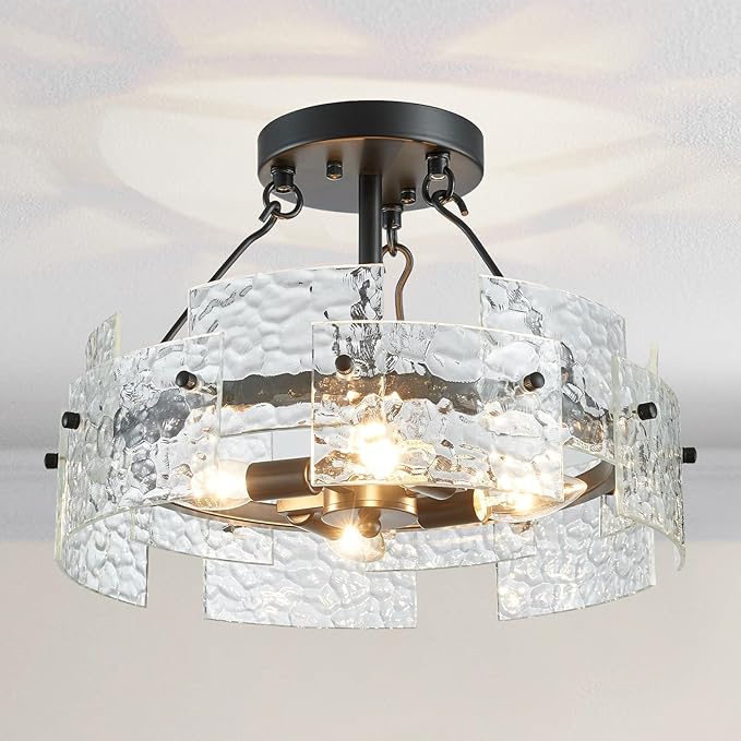 XINGQI Black Ceiling 4-Light Modern Farmhouse Water Ripple Glass Ceiling Lighting Fixture 15.7" Drum Ceiling Lights for Bedroom Dining Room Living Room Hallway Entryway