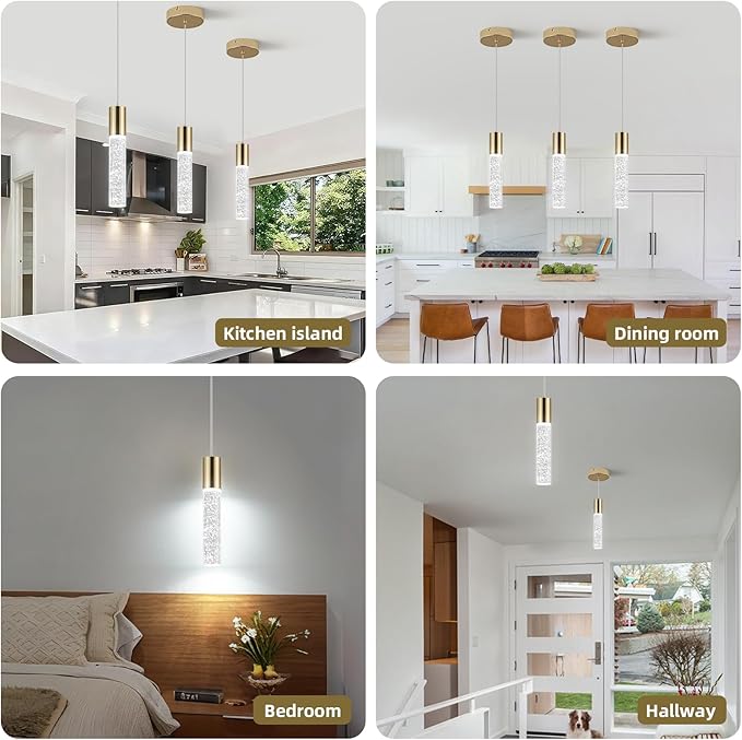 OKELI Modern Pendant Light,3 Color LED Bubble Crystal Island Light Fixtures,Gold Mini 3CCT Pendant Lighting for Kitchen Island,Bar,6W,3000-6000K,ETL(3 Pack