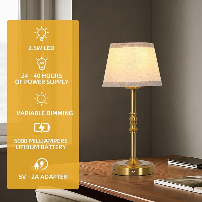 Small Gold Rechargeable Table Lamp,12-14 Inch Tall Vintage Style,Battery Powered Cordless Desk Lamp,Mini Touch Control Bedside Lamp,Warm Light 3000K for Nightstand Bedroom Counter Living Room-2 Pack