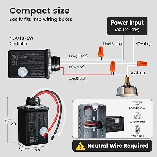 SURAIELEC Wireless Light Switch and Receiver Kit Black, 15A High Power, No Wiring No Interference, 100ft Range, Expandable Remote Control Wall Switches for Lamp, Ceiling Light, Fan, Outdoor Lighting
